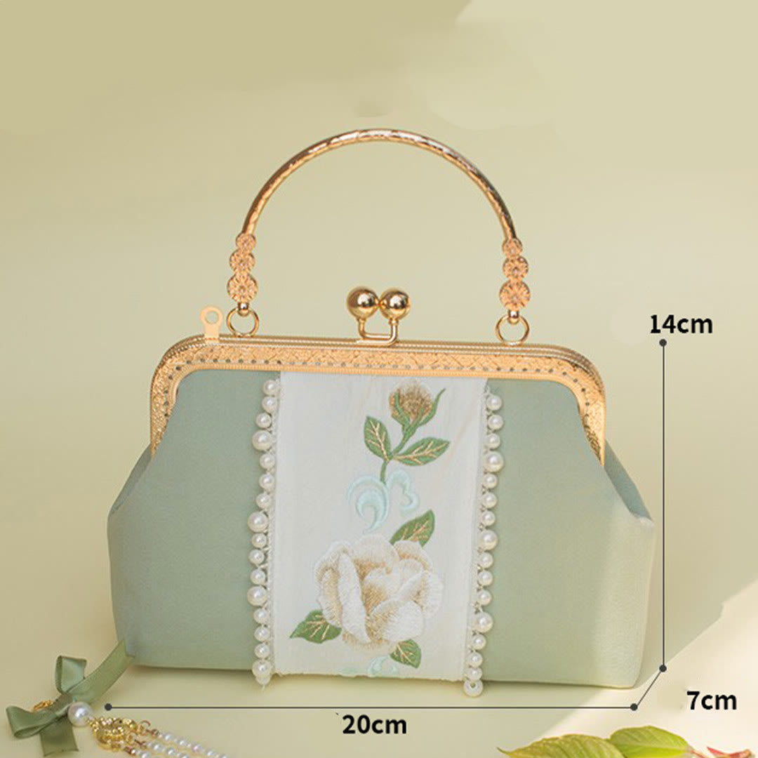 Buddha Stones Double-sided Flowers Embroidery Pearl Pendant Metal Chain Crossbody Bag Handbags - image 13