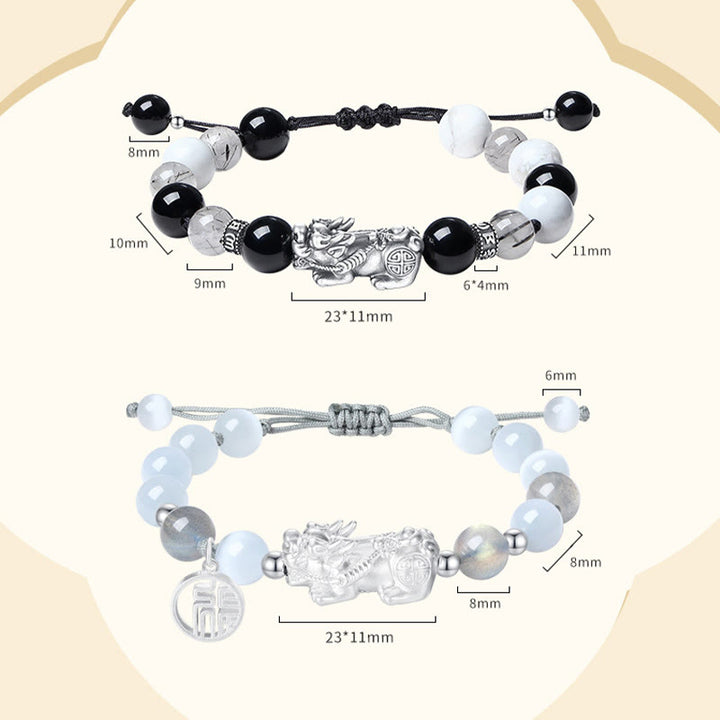 Buddha Stones Pi Xiu Six True Words 999 Sterling Silver Black Obsidian White Turquoise Chrysoberyl Luck Bracelet - 2 PCs - image 17