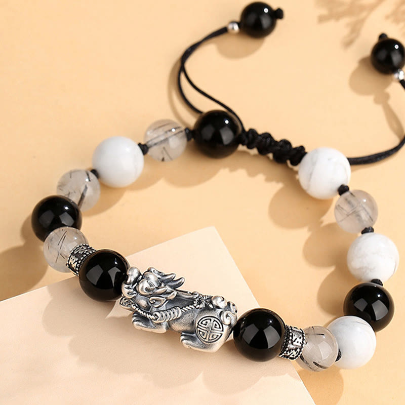 Buddha Stones Pi Xiu Six True Words 999 Sterling Silver Black Obsidian White Turquoise Chrysoberyl Luck Bracelet - image 2