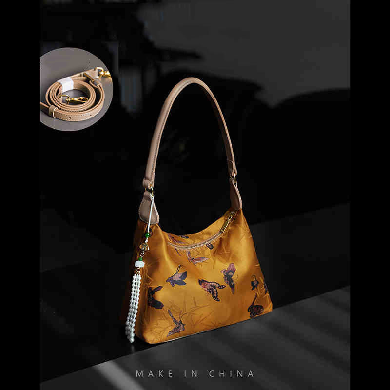 Buddha Stones Lotus Bamboo Crane Deer Butterfly Mountain Xiangyunsha Silk Song Brocade Crossbody Bag Shoulder Bag  - Goldenrod Butterfly Flower 26*19*10cm - image 10