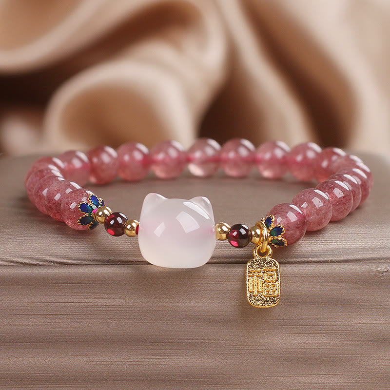 Buddha Stones Strawberry Quartz White Jade Cat Fu Character Healing Bracelet - Strawberry Quartz White Jade(Wrist Circumference: 14-16cm) - image 0