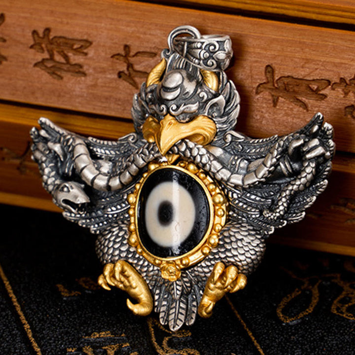 Buddha Stones 925 Sterling Silver Tibet Garuda Bird Dzi Bead Protection Necklace Pendant - image 3