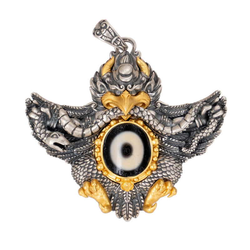 Buddha Stones 925 Sterling Silver Tibet Garuda Bird Dzi Bead Protection Necklace Pendant - image 10