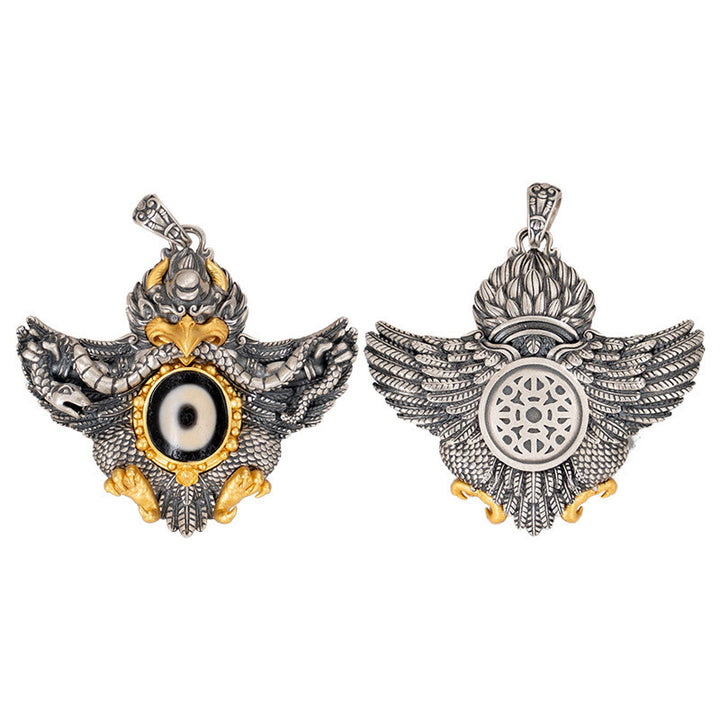 Buddha Stones 925 Sterling Silver Tibet Garuda Bird Dzi Bead Protection Necklace Pendant - image 11