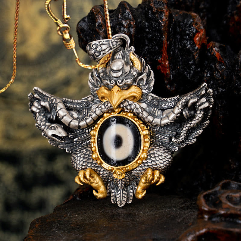 Buddha Stones 925 Sterling Silver Tibet Garuda Bird Dzi Bead Protection Necklace Pendant - Garuda&58cm Golden Copper Chain - image 15