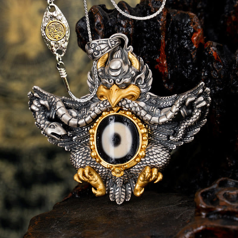 Buddha Stones 925 Sterling Silver Tibet Garuda Bird Dzi Bead Protection Necklace Pendant - Garuda&50cm Zakiram Copper Chain - image 17