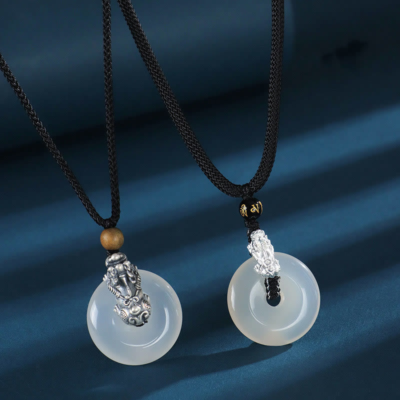 Buddha Stones White Agate 999 Sterling Silver Black Onyx Green Sandalwood Pi Xiu Peace Buckle Six True Words Necklace Pendant - image 0
