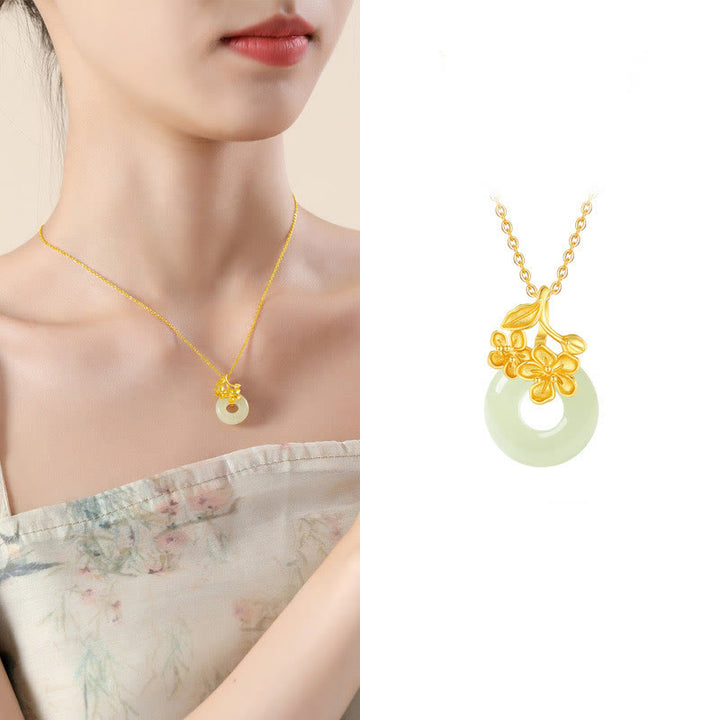 Buddha Stones Hetian Jade 999 Sterling Silver Peace Buckle Peach Blossom Necklace Pendant - image 3