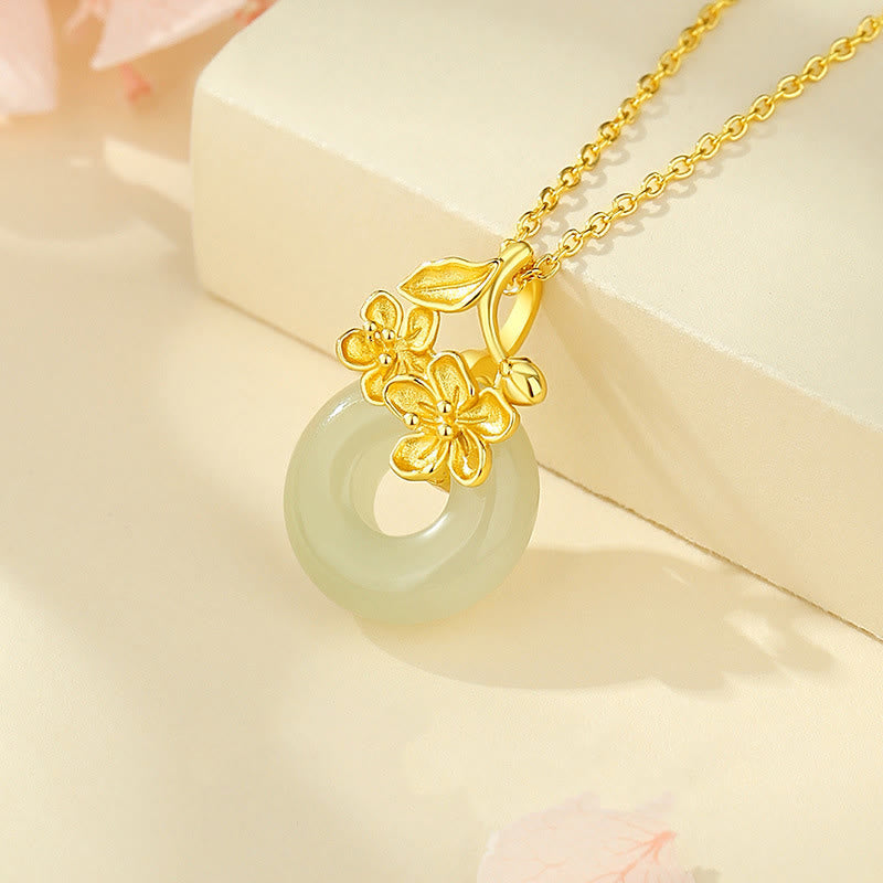 Buddha Stones Hetian Jade 999 Sterling Silver Peace Buckle Peach Blossom Necklace Pendant - image 1
