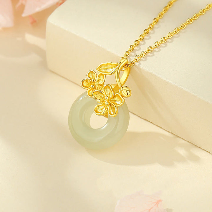 Buddha Stones Hetian Jade 999 Sterling Silver Peace Buckle Peach Blossom Necklace Pendant - image 1