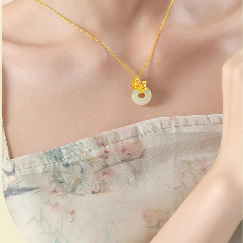 Buddha Stones Hetian Jade 999 Sterling Silver Peace Buckle Peach Blossom Necklace Pendant - image 2