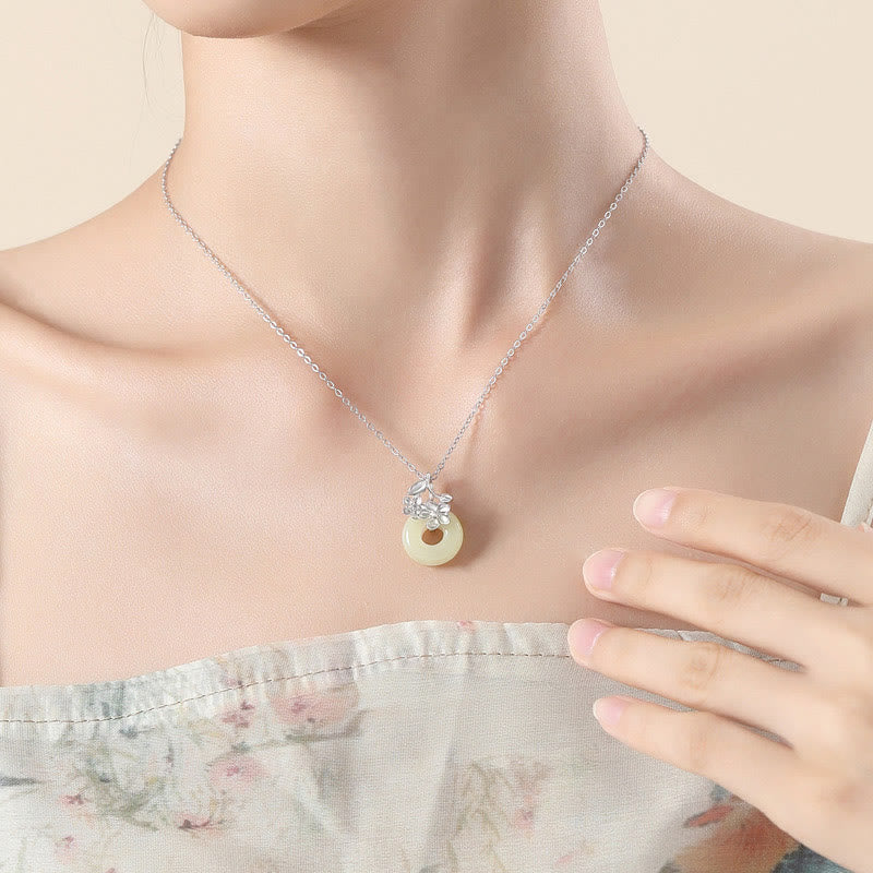 Buddha Stones Hetian Jade 999 Sterling Silver Peace Buckle Peach Blossom Necklace Pendant - image 11