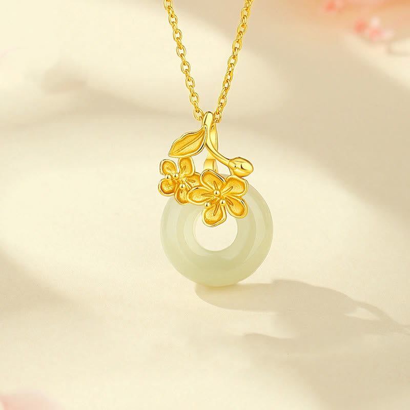 Buddha Stones Hetian Jade 999 Sterling Silver Peace Buckle Peach Blossom Necklace Pendant - Golden 999 Sterling Silver Hetian Jade - image 0