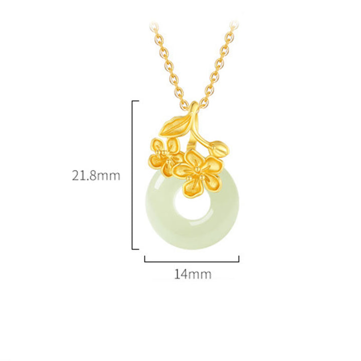 Buddha Stones Hetian Jade 999 Sterling Silver Peace Buckle Peach Blossom Necklace Pendant - image 4