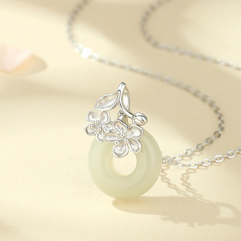 Buddha Stones Hetian Jade 999 Sterling Silver Peace Buckle Peach Blossom Necklace Pendant - image 9