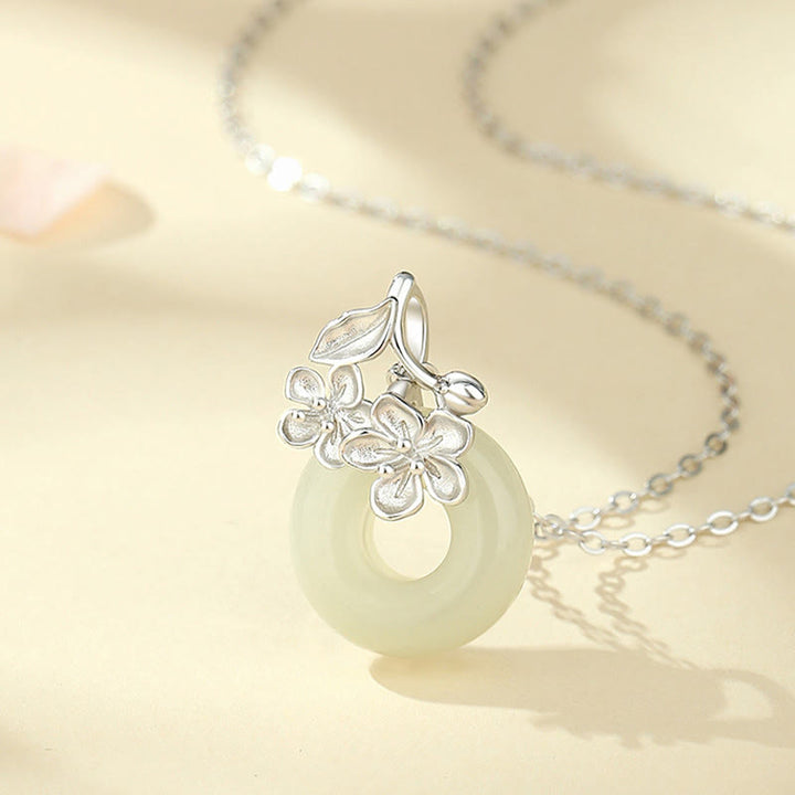Buddha Stones Hetian Jade 999 Sterling Silver Peace Buckle Peach Blossom Necklace Pendant - image 9