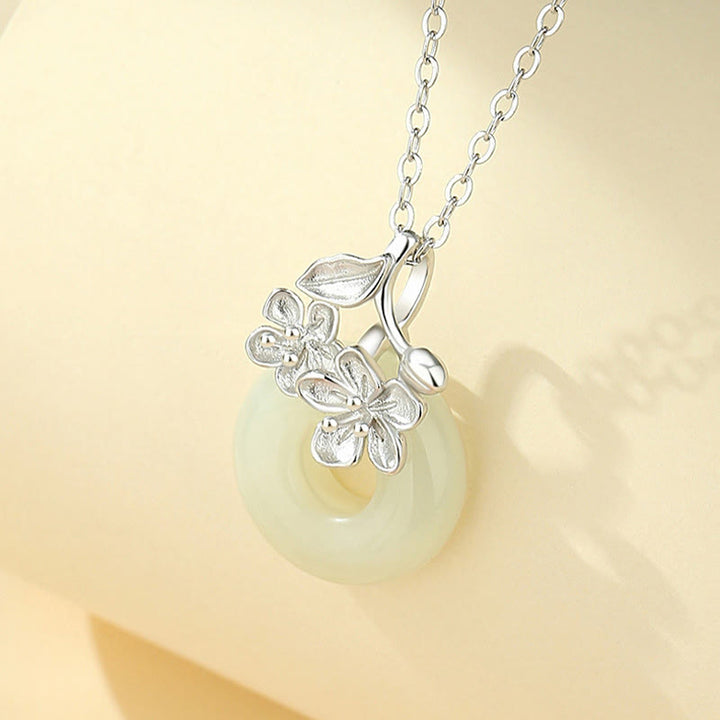 Buddha Stones Hetian Jade 999 Sterling Silver Peace Buckle Peach Blossom Necklace Pendant - Silver Hetian Jade - image 8