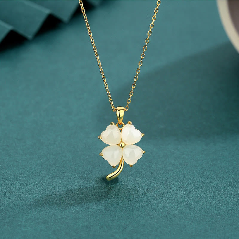 Buddha Stones Hetian Jade 925 Sterling Silver Four Leaf Clover Necklace Pendant - Golden 925 Sterling Silver Hetian Jade - image 0