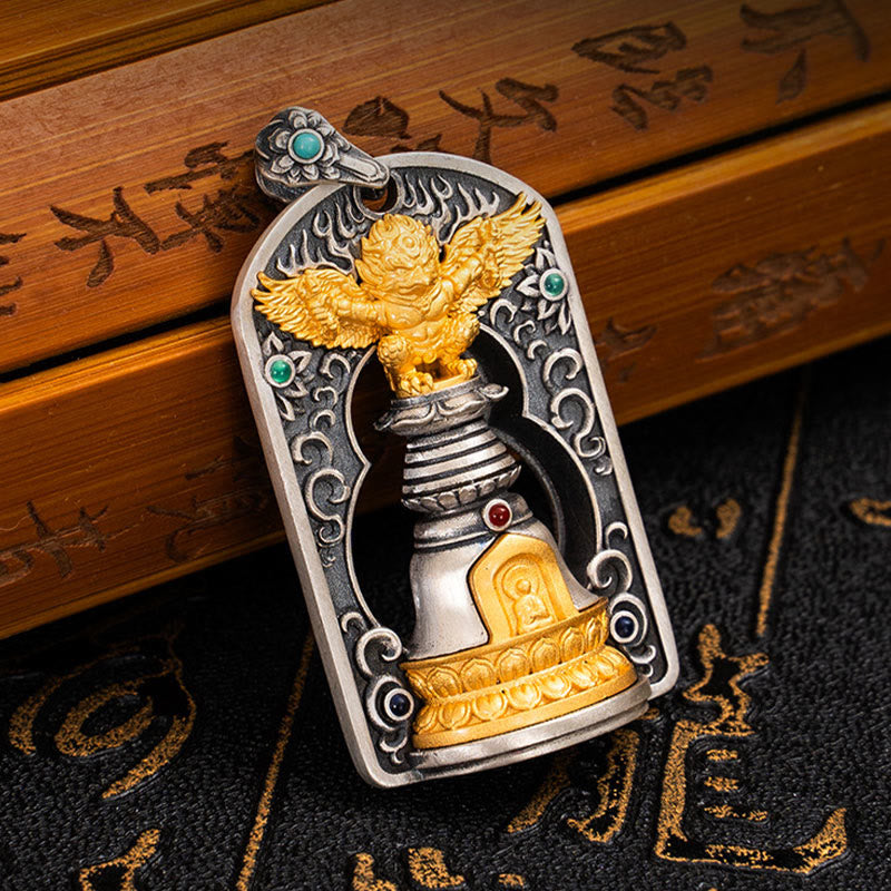 Buddha Stones 925 Sterling Silver Tibetan Garuda Bird Vajra Dorje Bell Protection Necklace Pendant - image 1