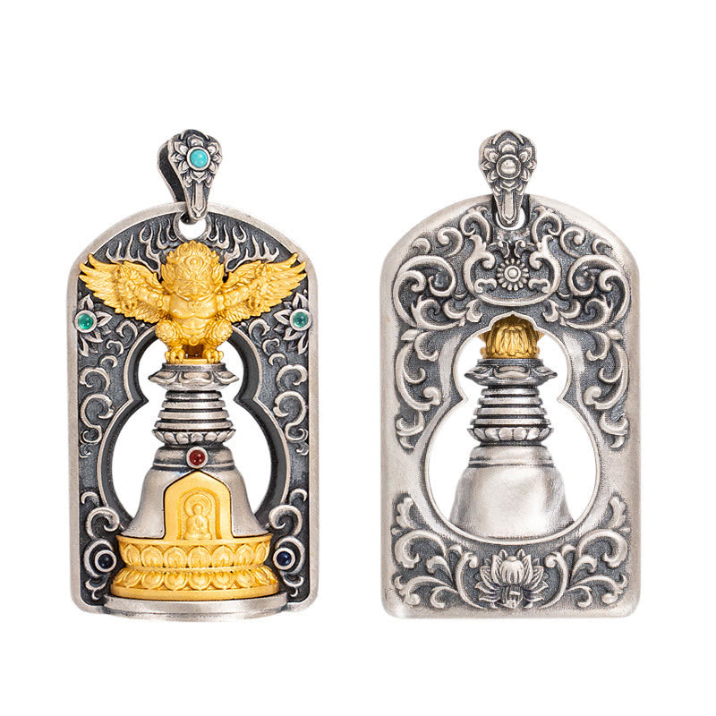 Buddha Stones 925 Sterling Silver Tibetan Garuda Bird Vajra Dorje Bell Protection Necklace Pendant - image 13