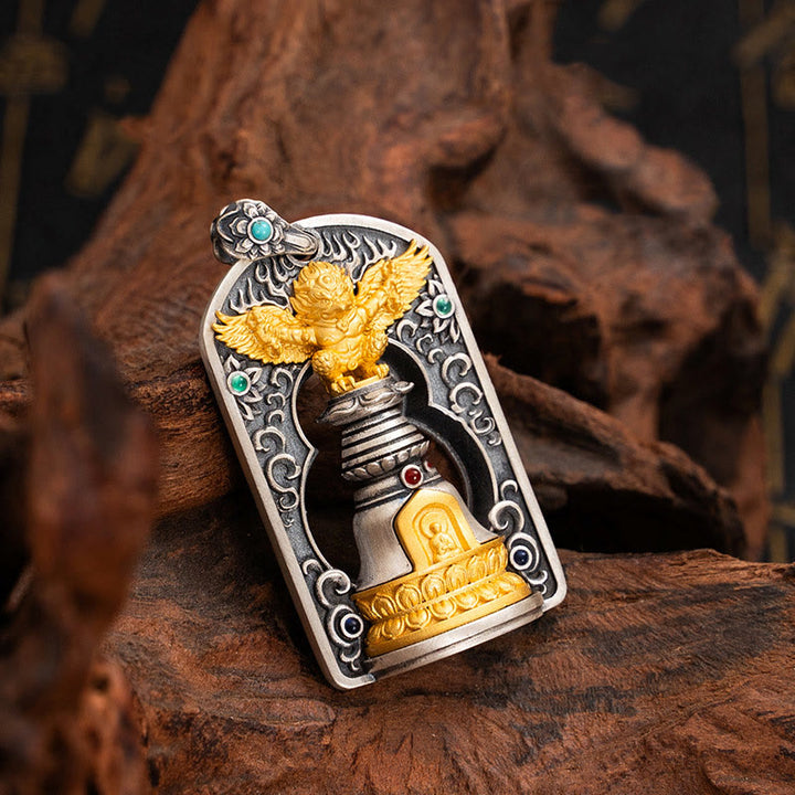 Buddha Stones 925 Sterling Silver Tibetan Garuda Bird Vajra Dorje Bell Protection Necklace Pendant - image 7