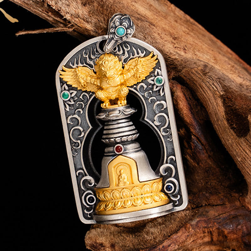 Buddha Stones 925 Sterling Silver Tibetan Garuda Bird Vajra Dorje Bell Protection Necklace Pendant - image 3