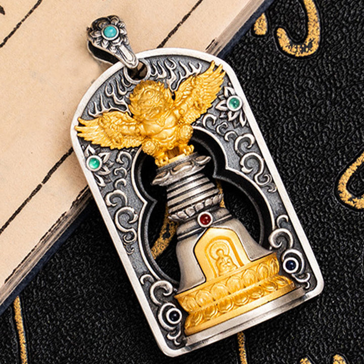Buddha Stones 925 Sterling Silver Tibetan Garuda Bird Vajra Dorje Bell Protection Necklace Pendant - image 9