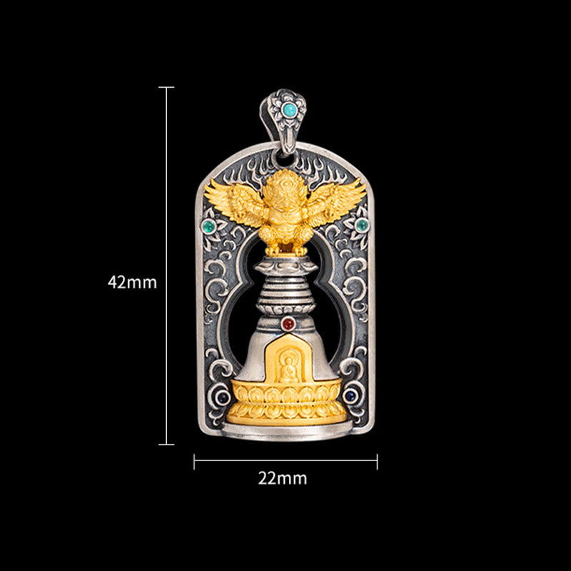 Buddha Stones 925 Sterling Silver Tibetan Garuda Bird Vajra Dorje Bell Protection Necklace Pendant - image 11
