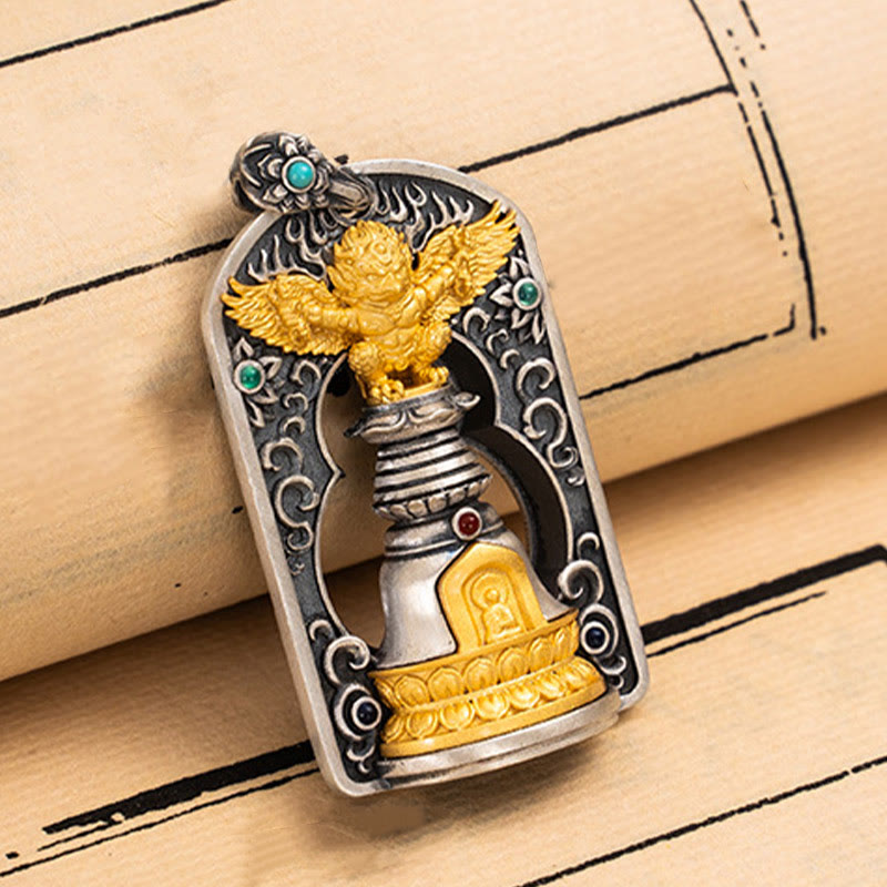 Buddha Stones 925 Sterling Silver Tibetan Garuda Bird Vajra Dorje Bell Protection Necklace Pendant - image 8