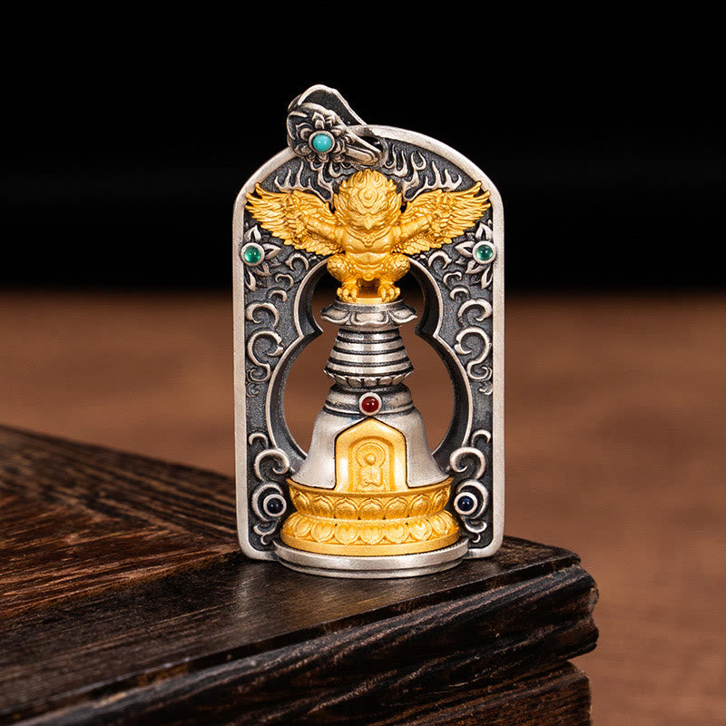 Buddha Stones 925 Sterling Silver Tibetan Garuda Bird Vajra Dorje Bell Protection Necklace Pendant - Garuda(Pendant Only) - image 0