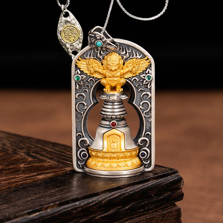Buddha Stones 925 Sterling Silver Tibetan Garuda Bird Vajra Dorje Bell Protection Necklace Pendant - Garuda&50cm Zakiram Copper Chain - image 17