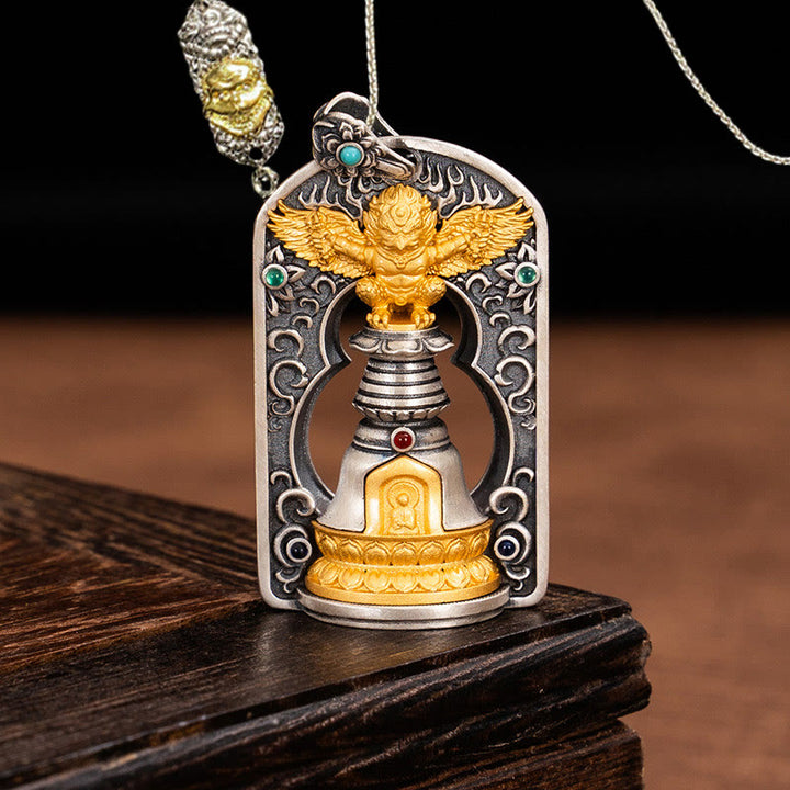 Buddha Stones 925 Sterling Silver Tibetan Garuda Bird Vajra Dorje Bell Protection Necklace Pendant - Garuda&52cm The Lord of the Corpse Forest Copper Chain - image 21