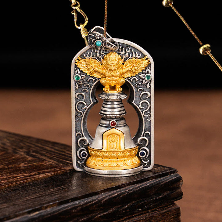 Buddha Stones 925 Sterling Silver Tibetan Garuda Bird Vajra Dorje Bell Protection Necklace Pendant - Garuda&58cm Golden Copper Chain - image 15