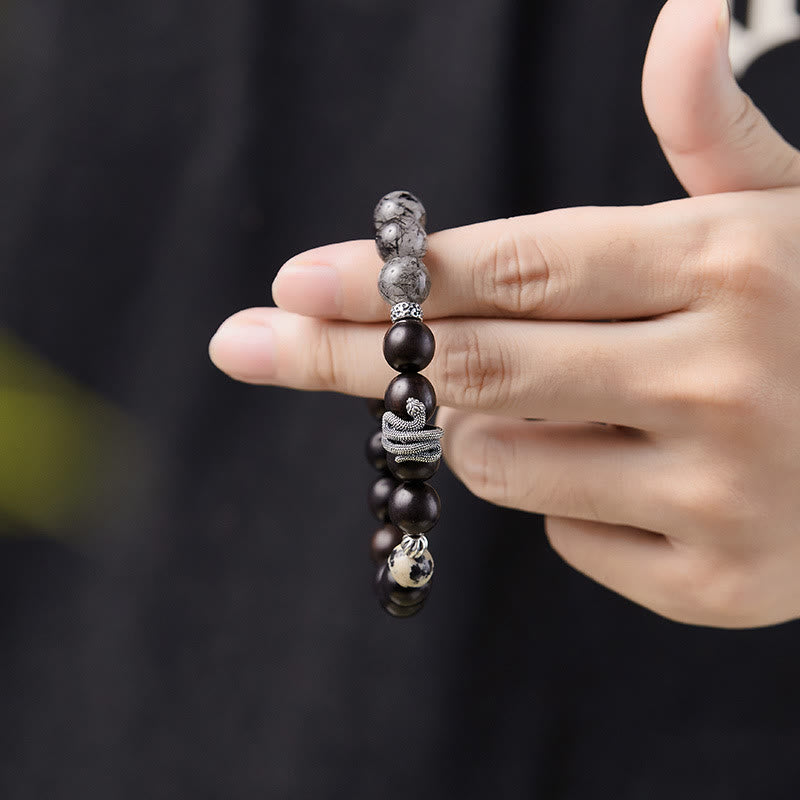Buddha Stones Ebony Wood Black Rutilated Quartz 925 Sterling Silver Year Of The Snake Balance Bracelet - image 10