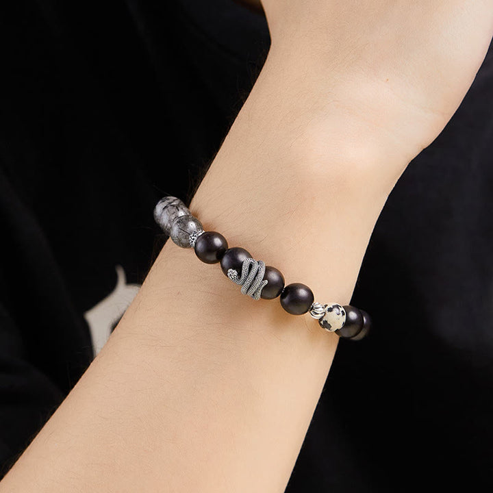 Buddha Stones Ebony Wood Black Rutilated Quartz 925 Sterling Silver Year Of The Snake Balance Bracelet - image 11