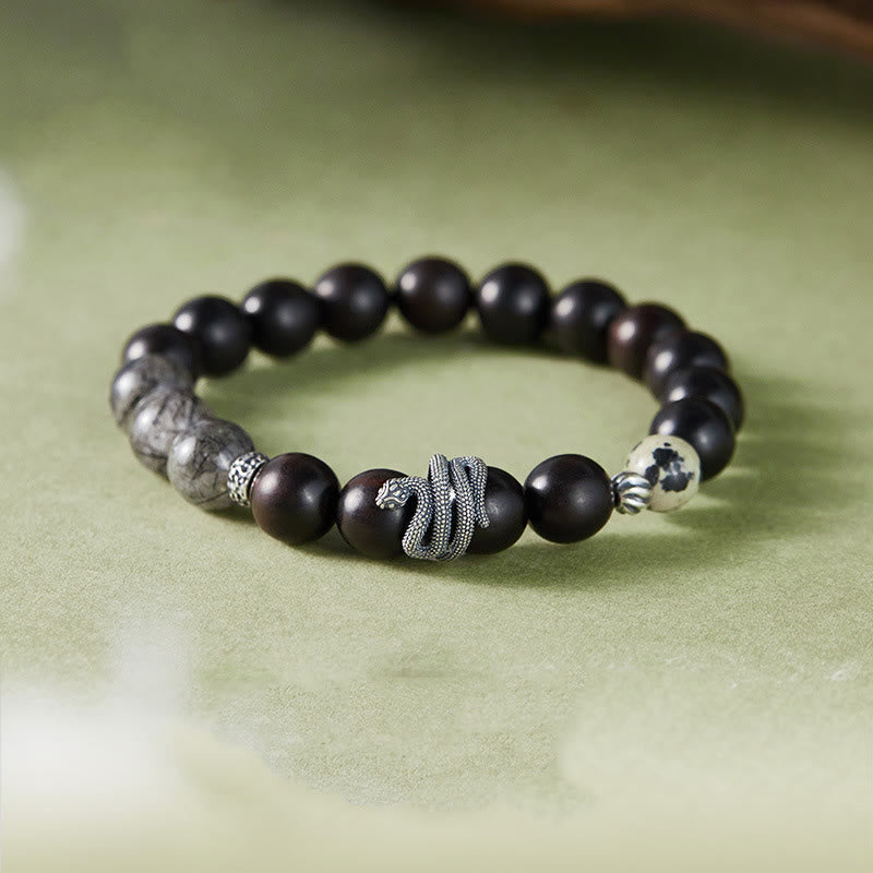 Buddha Stones Ebony Wood Black Rutilated Quartz 925 Sterling Silver Year Of The Snake Balance Bracelet - Ebony Wood Black Rutilated Quartz(Wrist Circumference: 18-20cm) - image 0