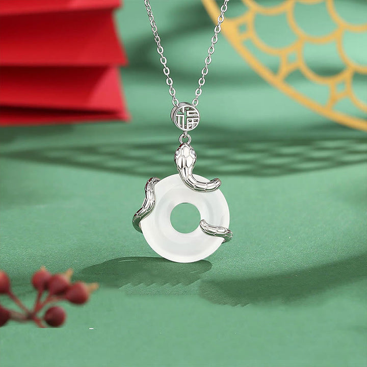 Buddha Stones Chalcedony Peace Buckle 925 Sterling Silver Fu Character Year Of The Snake Positive Necklace Pendant - White Silver - image 0