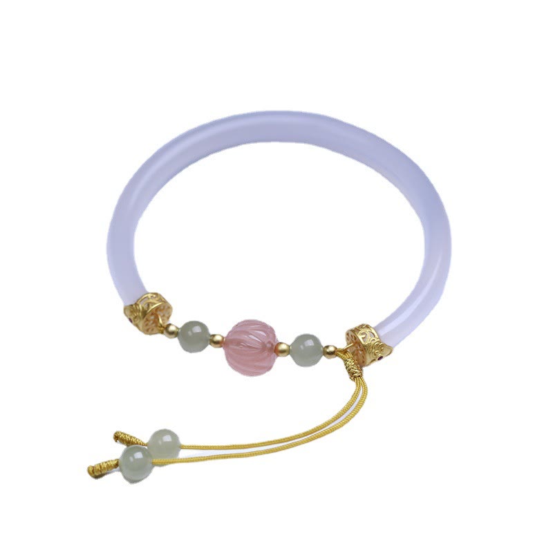 Buddha Stones Natural White Agate Lotus Hetian Jade Beads Positive Bracelet Bangle - image 4