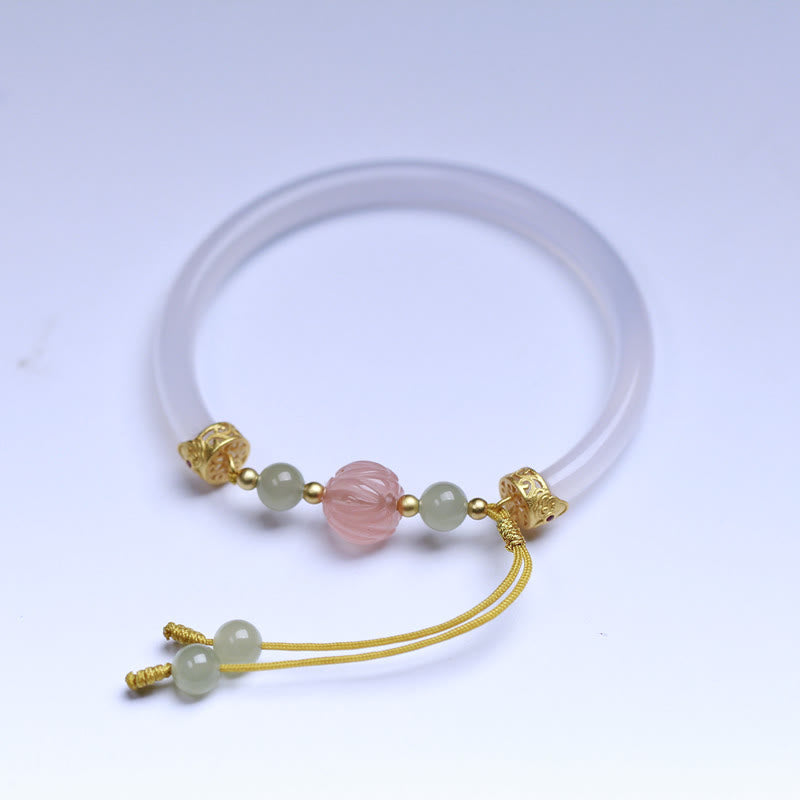 Buddha Stones Natural White Agate Lotus Hetian Jade Beads Positive Bracelet Bangle - image 3
