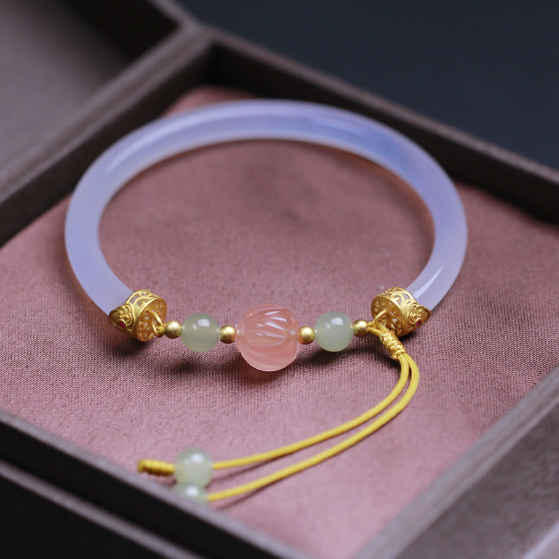 Buddha Stones Natural White Agate Lotus Hetian Jade Beads Positive Bracelet Bangle - White Agate(Wrist Circumference: 14-17cm) - image 0
