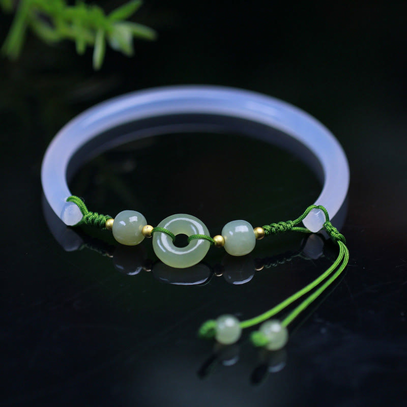 Buddha Stones Natural White Agate Hetian Jade Beads Peace Buckle Positive Bracelet Bangle - White Agate(Wrist Circumference: 14-17cm) - image 0