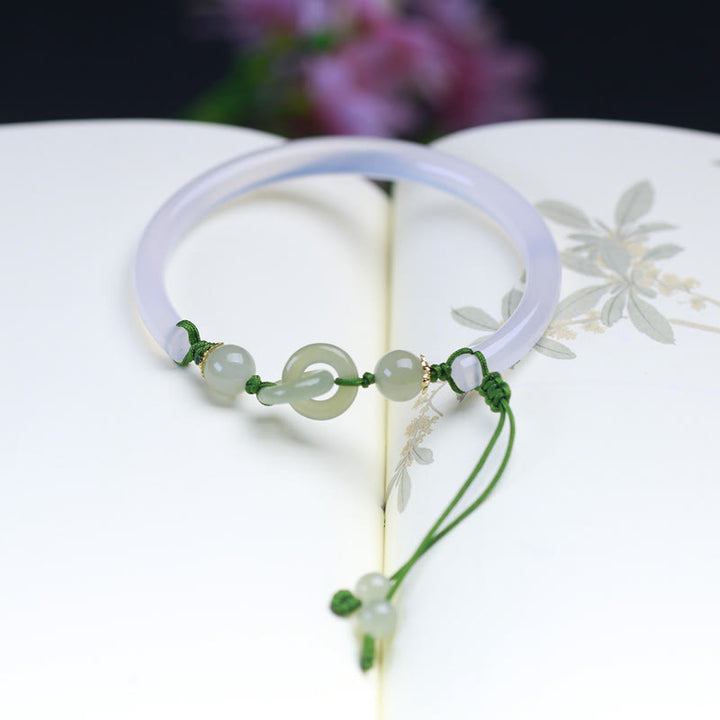 Buddha Stones Natural White Agate Hetian Jade Beads Interlocking Positive Bracelet Bangle - image 4