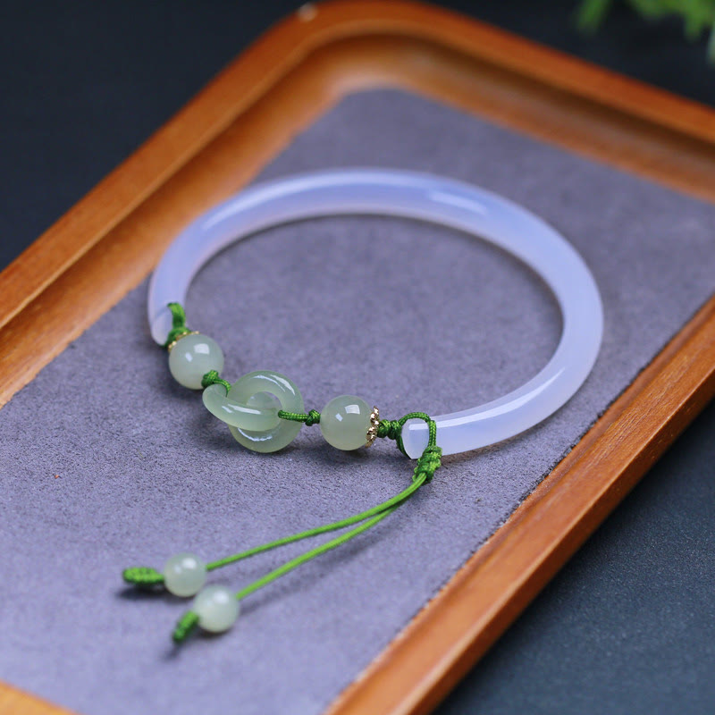 Buddha Stones Natural White Agate Hetian Jade Beads Interlocking Positive Bracelet Bangle - image 3