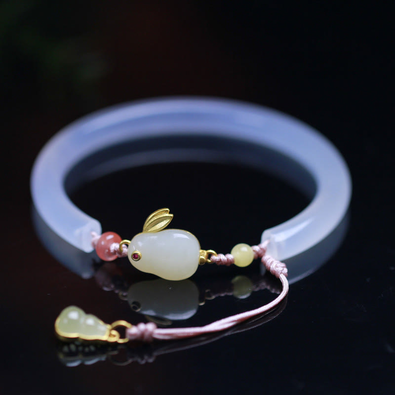 Buddha Stones Natural White Agate Hetian Jade Rabbit Positive Bracelet Bangle - image 2