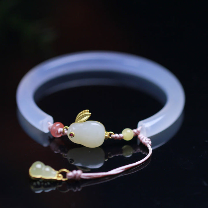 Buddha Stones Natural White Agate Hetian Jade Rabbit Positive Bracelet Bangle - image 2