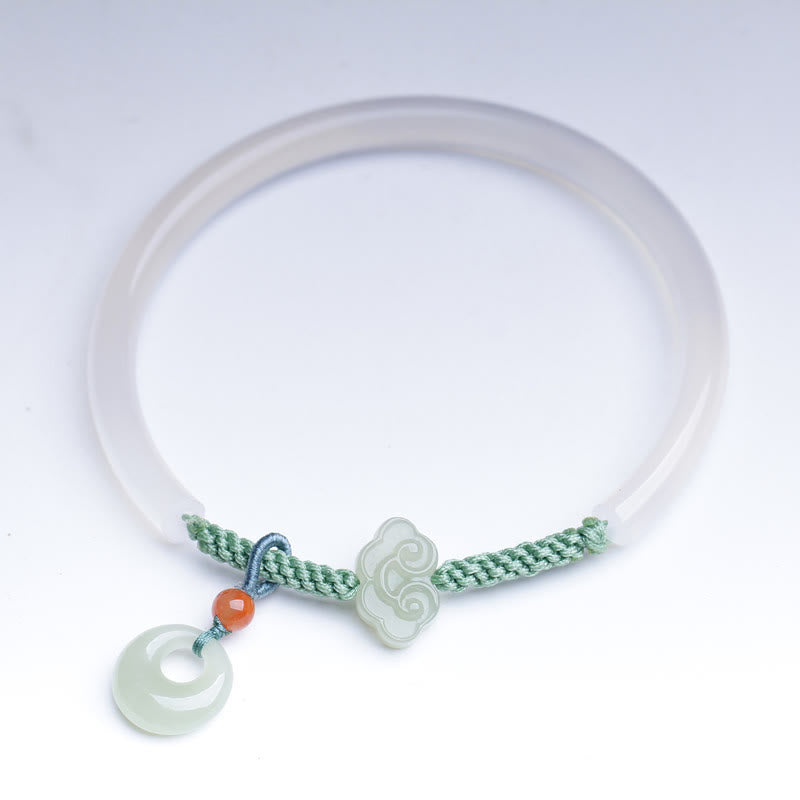 Buddha Stones Natural White Agate Hetian Jade Peace Buckle Auspicious Clouds Positive Bracelet Bangle - image 9