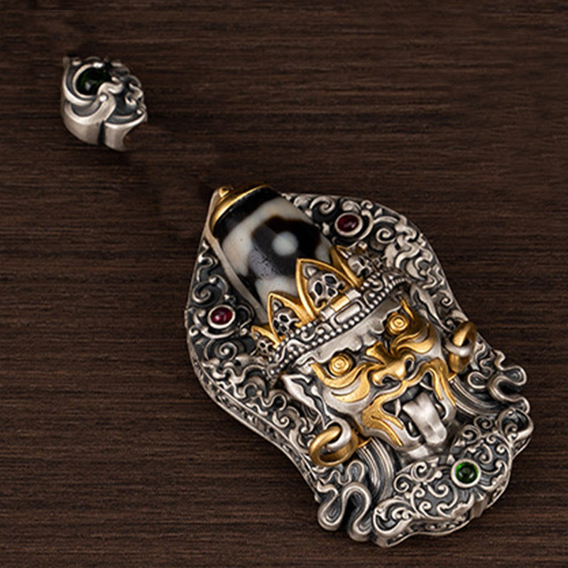 Buddha Stones 925 Sterling Silver Tibetan Zakiram Goddess of Wealth Dzi Bead Protection Necklace Pendant - image 8