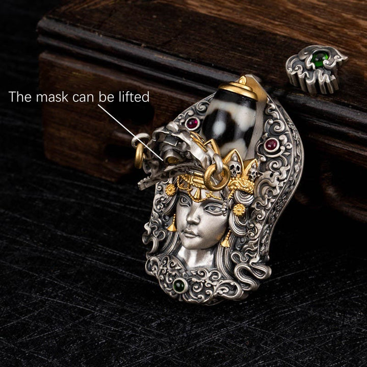 Buddha Stones 925 Sterling Silver Tibetan Zakiram Goddess of Wealth Dzi Bead Protection Necklace Pendant - image 9