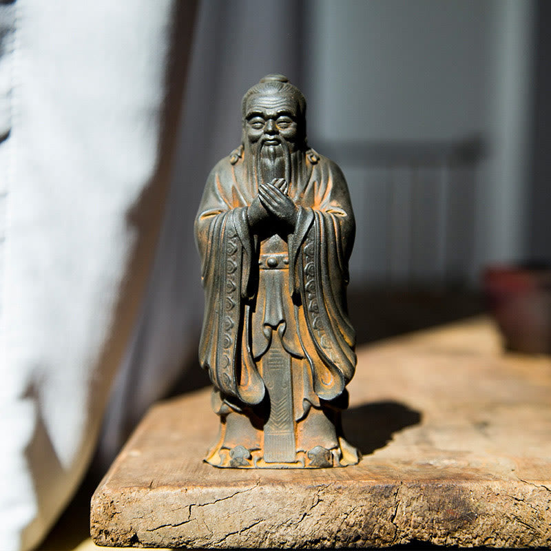 Buddha Stones Handmade Confucius Iron Powder Rust Cast Resin Statue Home Decoration - Rust Version 14*4.5cm - image 0