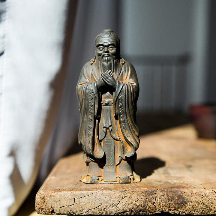 Buddha Stones Handmade Confucius Iron Powder Rust Cast Resin Statue Home Decoration - Rust Version 14*4.5cm - image 0